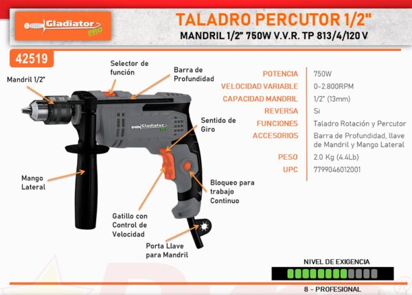 TALADRO PERCUTOR TP 813/4/120 1V 750W 13MM 1/2" GLADIATOR - Imagen 3
