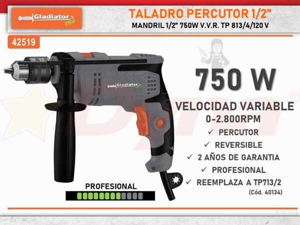 TALADRO PERCUTOR TP 813/4/120 1V 750W 13MM 1/2" GLADIATOR - Imagen 2