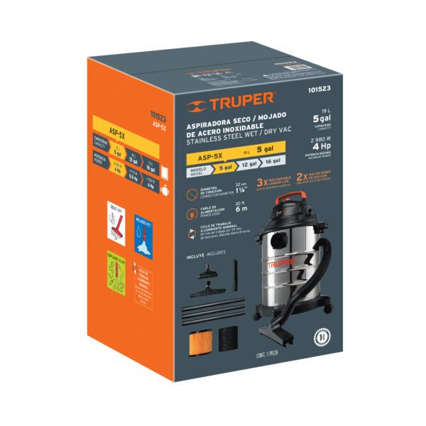 Aspiradora de sólidos y líquidos, 5 gal, acero inox, truper - Imagen 4