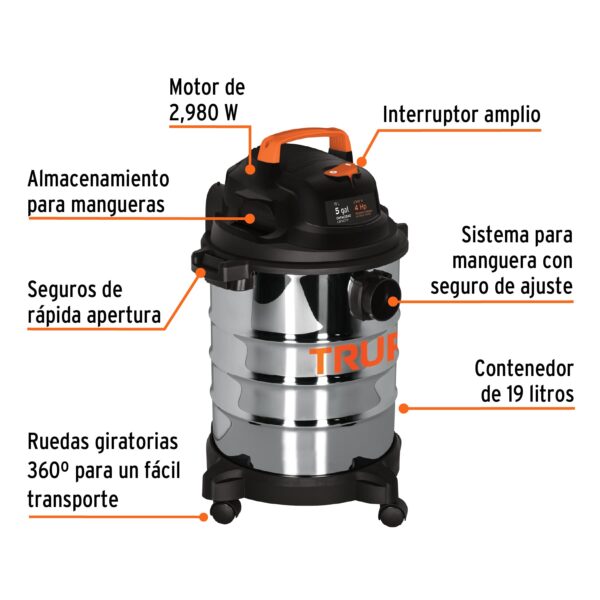Aspiradora de sólidos y líquidos, 5 gal, acero inox, truper - Imagen 2