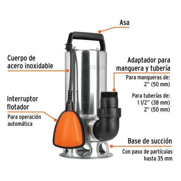 Bomba sumergible acero inoxidable,agua sucia,1-1/2hp, truper - Imagen 3