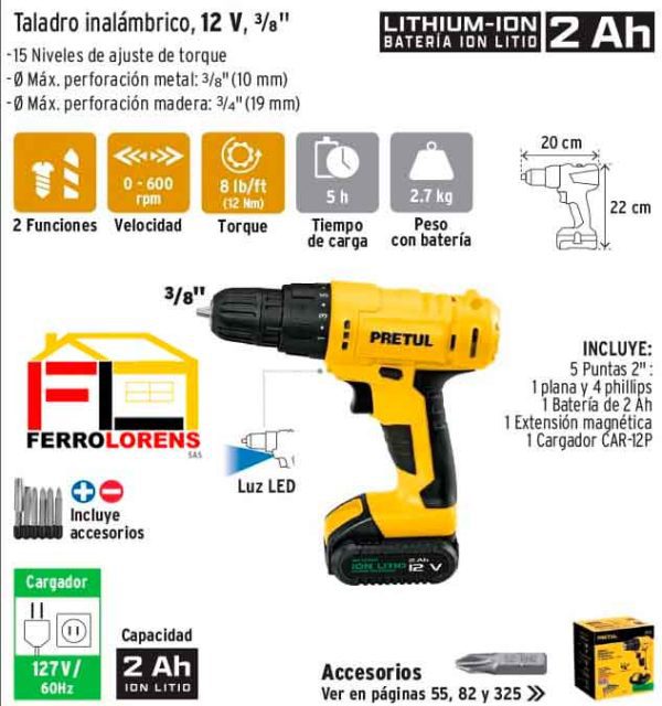 Taladro inalámbrico 3/8", 12V, PRETUL 29975 - Imagen 2