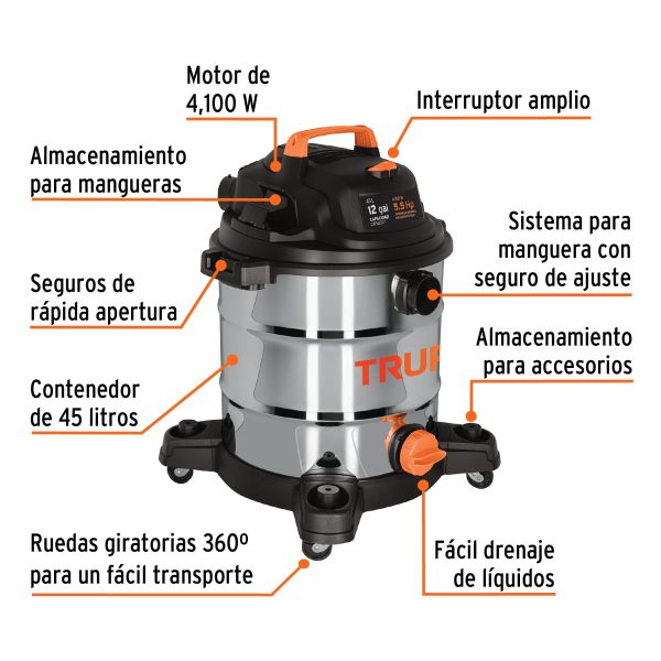 Aspiradora de sólidos y líquidos, 12 gal, acero inox, Truper - Imagen 5