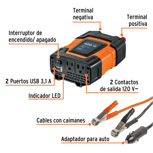 Inversor de corriente de 400 W con puertos USB, Truper 10449 - Imagen 5