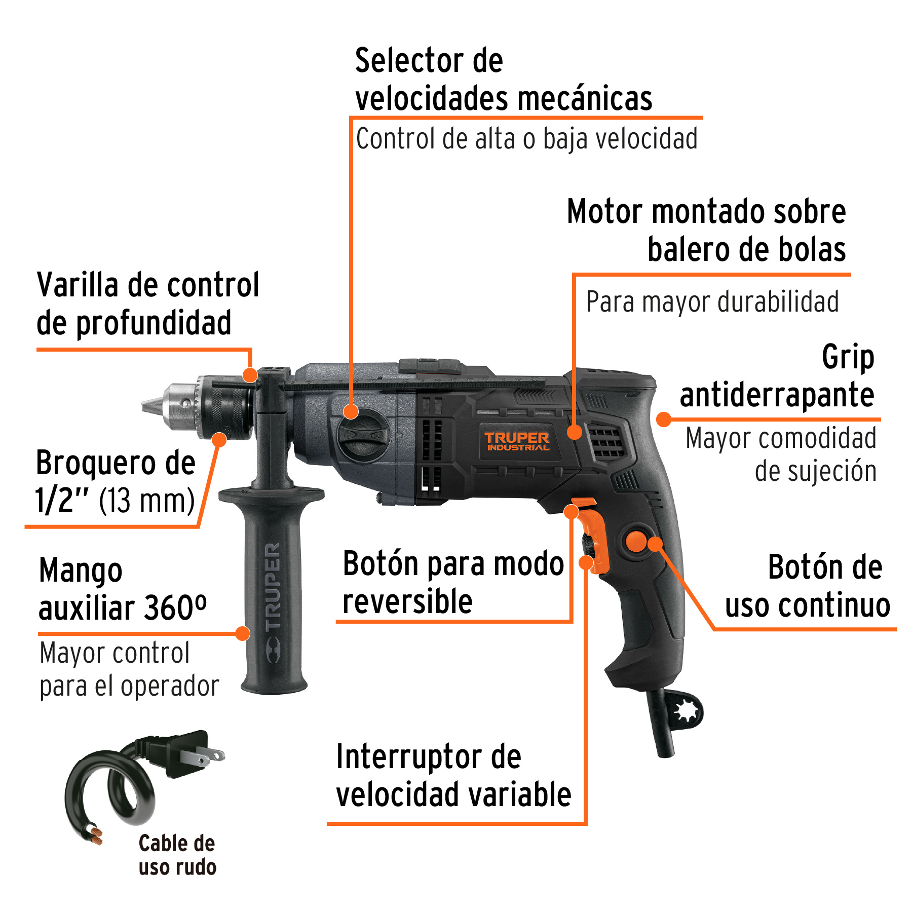 Taladro/destornillador 1/2", 800W dos velocidades,INDUSTRIAL - Imagen 3