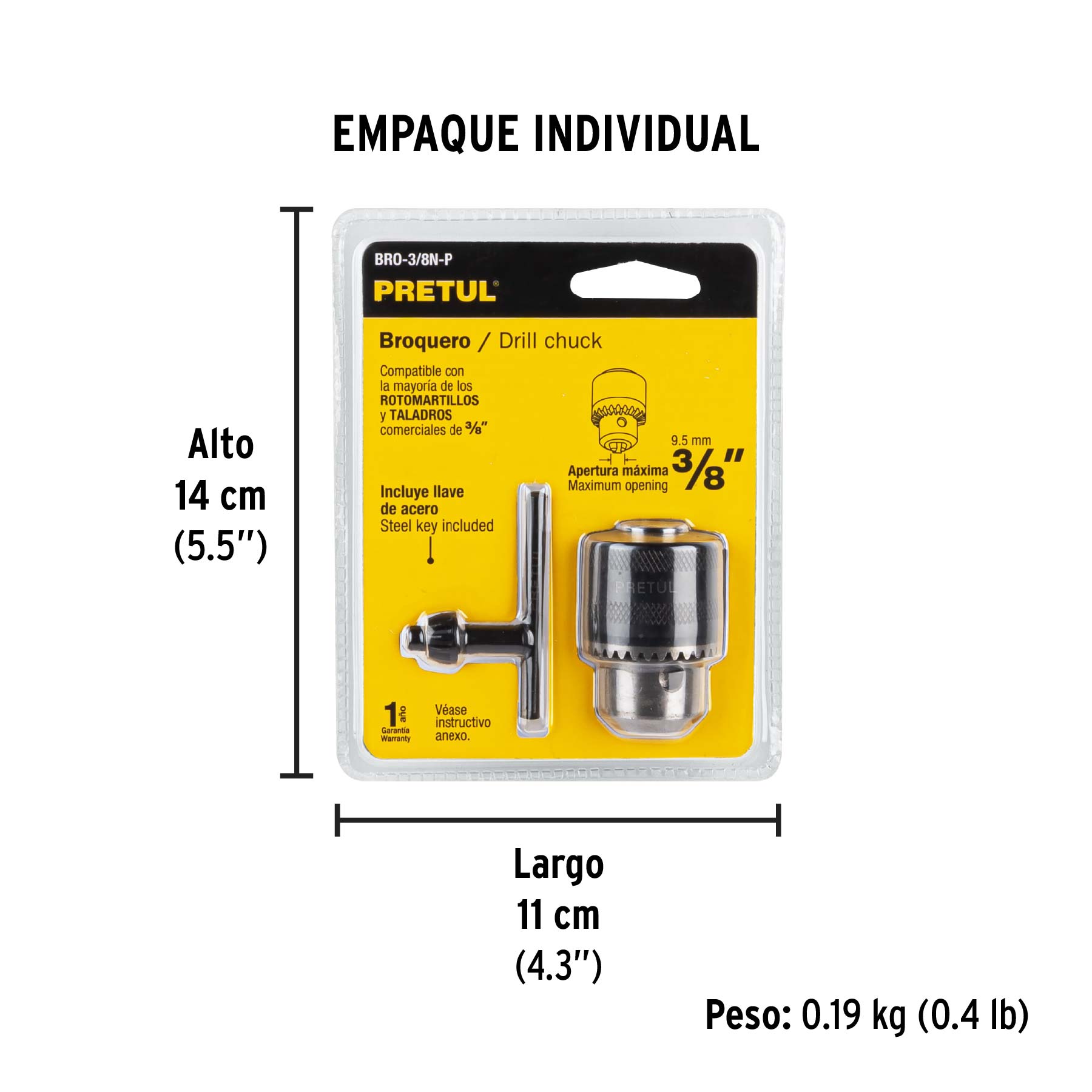 Broquero 3/8" con llave, cuerpo moleteado, PRETUL 27037 - Imagen 3