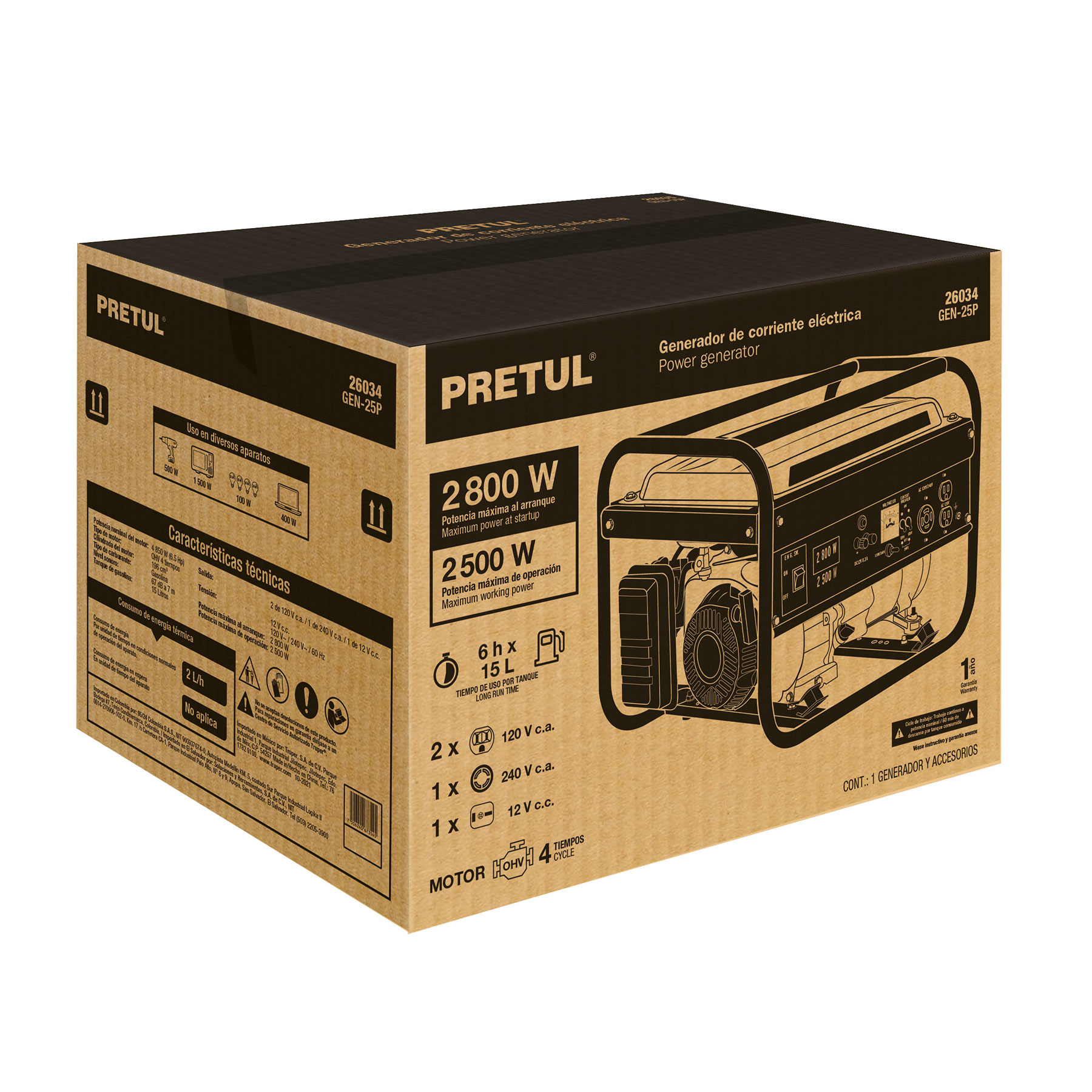 Generador portátil 2.5 kW motor a gasolina, PRETUL 26034 - Imagen 6