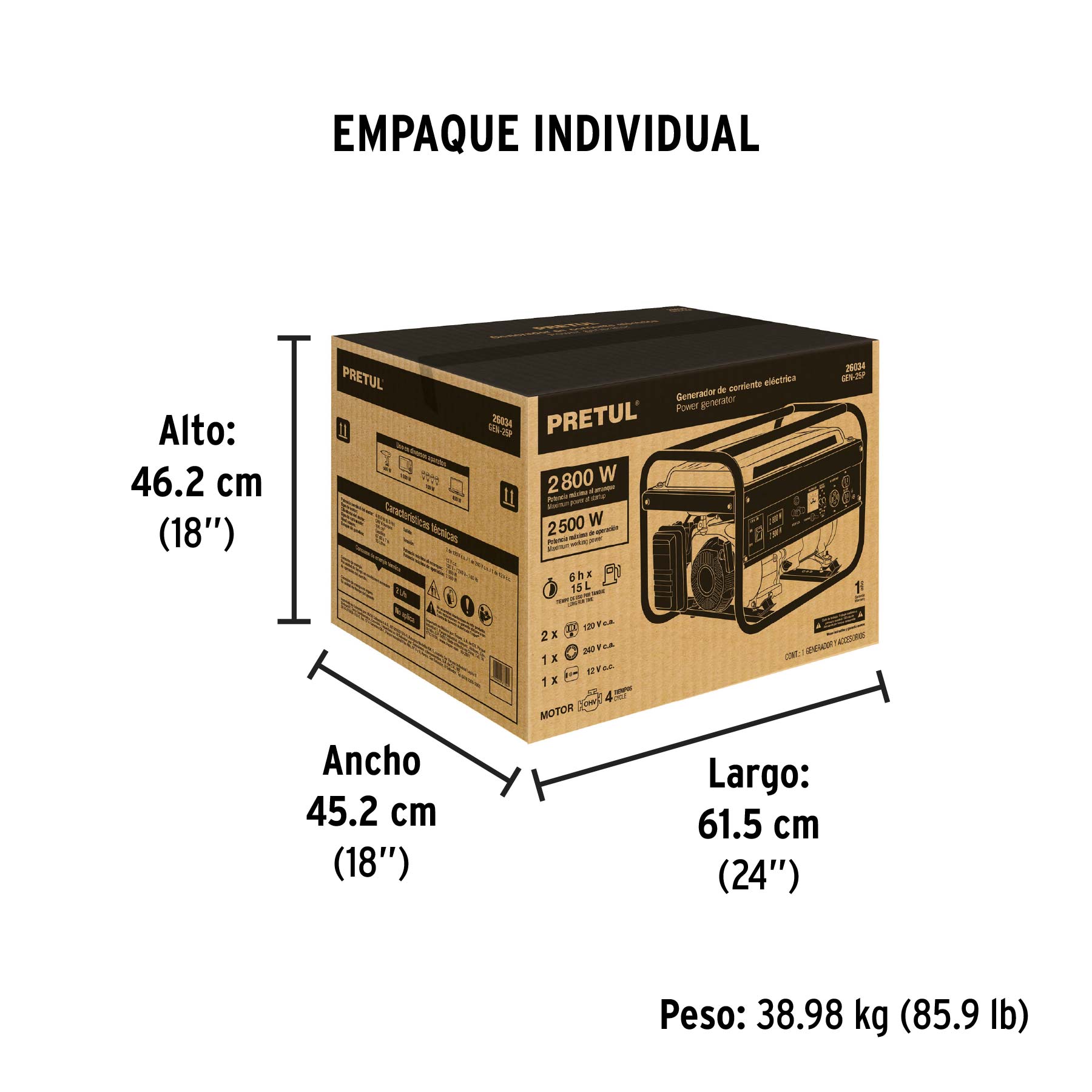 Generador portátil 2.5 kW motor a gasolina, PRETUL 26034 - Imagen 7