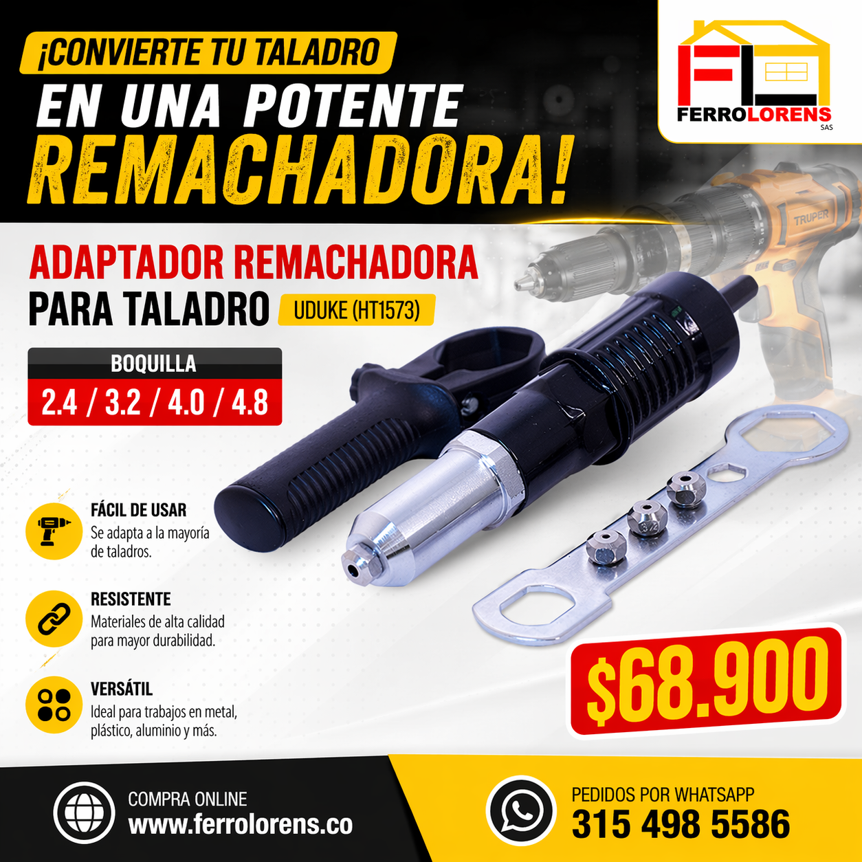 ADAPTADOR REMACHADORA PARA TALADRO BOQUILLA 2.4/ 3.2/ 4.0 /4.8 UDUKE (HT1573) - Imagen 2