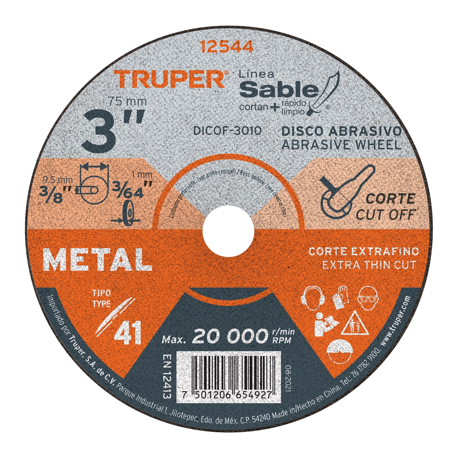 Disco abrasivo de corte preciso metal 3" x 1 mm, TRUPER 12544