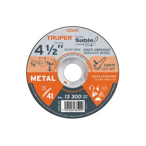 Disco abrasivo de corte preciso metal 4-1/2" x 1 mm, TRUPER 12545